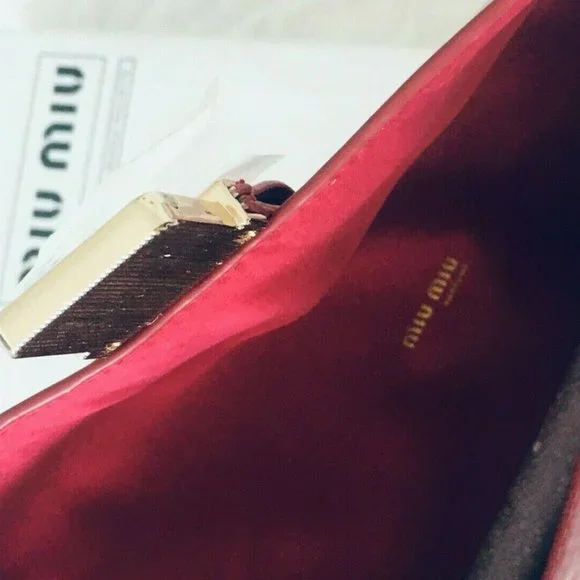 NEW! Luxe MIU MIU Patent Burgundy Red Pouch Clutch Cosmetic Bag w Gold accent LE - Picture 9 of 9